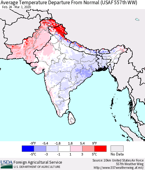 Southern Asia Average Temperature Departure from Normal (USAF 557th WW) Thematic Map For 2/24/2020 - 3/1/2020