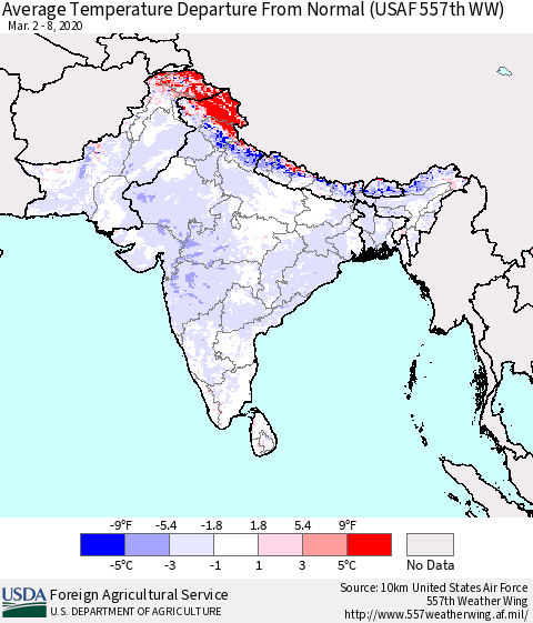 Southern Asia Average Temperature Departure From Normal (USAF 557th WW) Thematic Map For 3/2/2020 - 3/8/2020