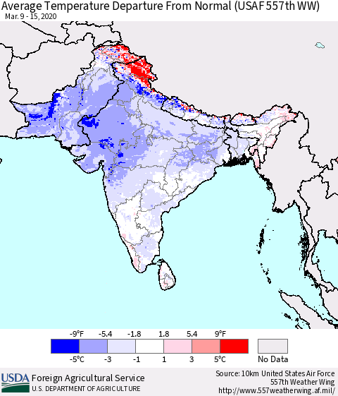 Southern Asia Average Temperature Departure from Normal (USAF 557th WW) Thematic Map For 3/9/2020 - 3/15/2020