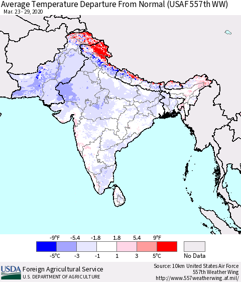 Southern Asia Average Temperature Departure From Normal (USAF 557th WW) Thematic Map For 3/23/2020 - 3/29/2020