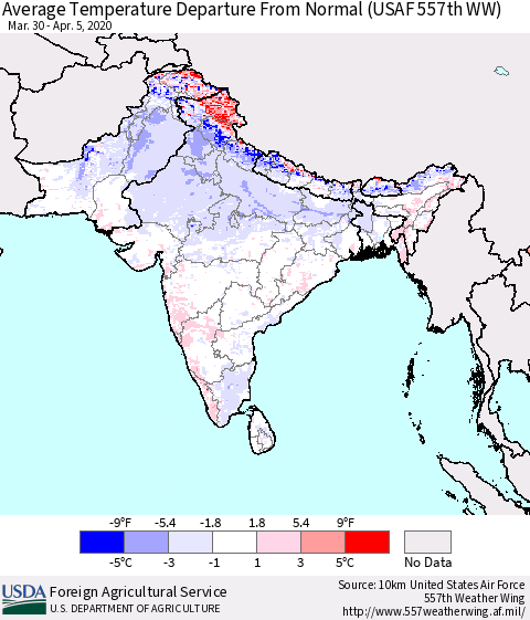 Southern Asia Average Temperature Departure from Normal (USAF 557th WW) Thematic Map For 3/30/2020 - 4/5/2020