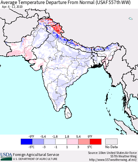 Southern Asia Average Temperature Departure from Normal (USAF 557th WW) Thematic Map For 4/6/2020 - 4/12/2020