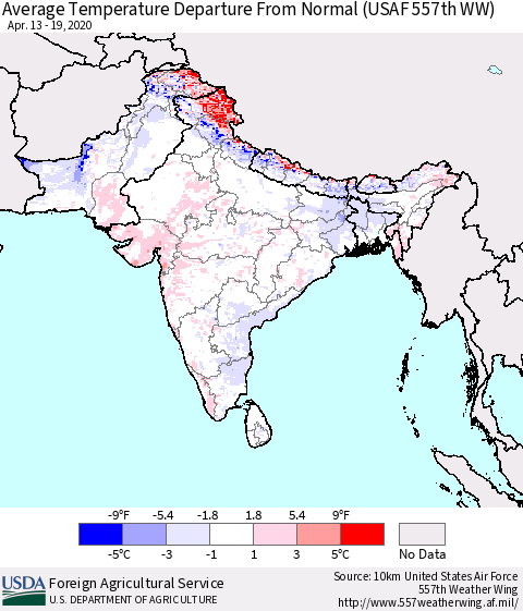 Southern Asia Average Temperature Departure from Normal (USAF 557th WW) Thematic Map For 4/13/2020 - 4/19/2020
