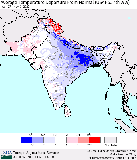 Southern Asia Average Temperature Departure From Normal (USAF 557th WW) Thematic Map For 4/27/2020 - 5/3/2020