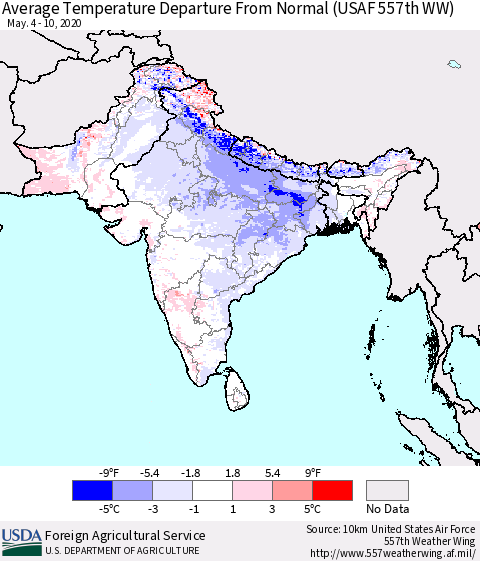 Southern Asia Average Temperature Departure From Normal (USAF 557th WW) Thematic Map For 5/4/2020 - 5/10/2020