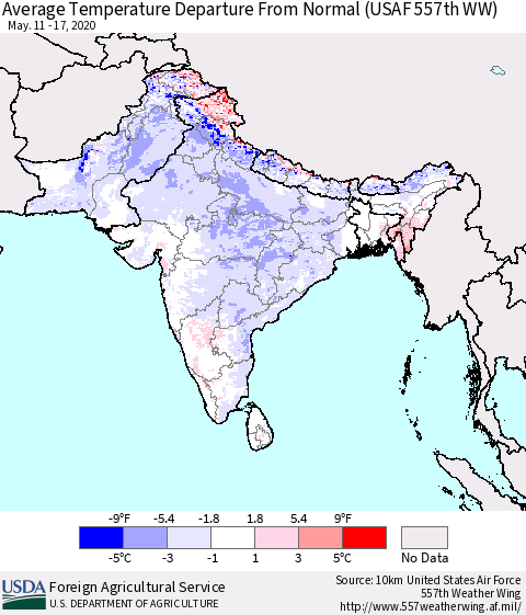 Southern Asia Average Temperature Departure From Normal (USAF 557th WW) Thematic Map For 5/11/2020 - 5/17/2020