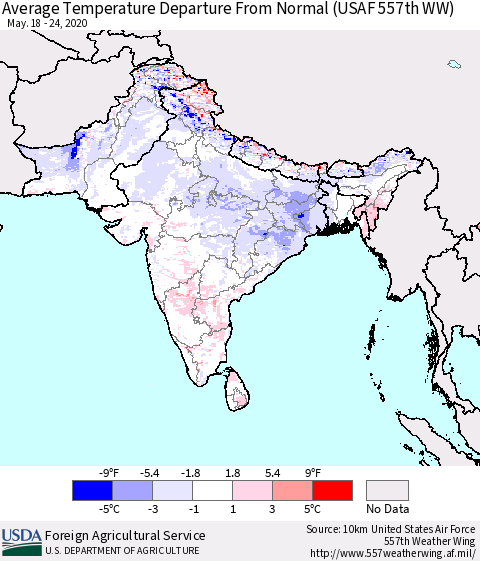 Southern Asia Average Temperature Departure from Normal (USAF 557th WW) Thematic Map For 5/18/2020 - 5/24/2020