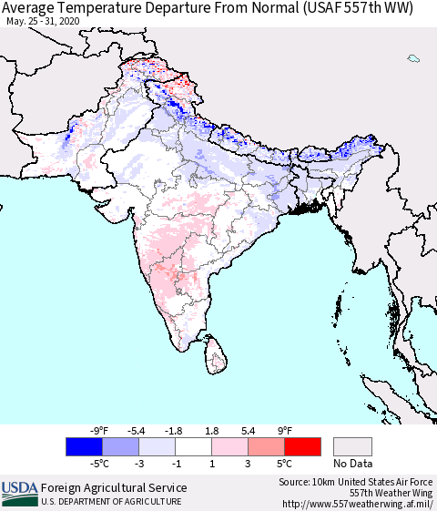 Southern Asia Average Temperature Departure From Normal (USAF 557th WW) Thematic Map For 5/25/2020 - 5/31/2020