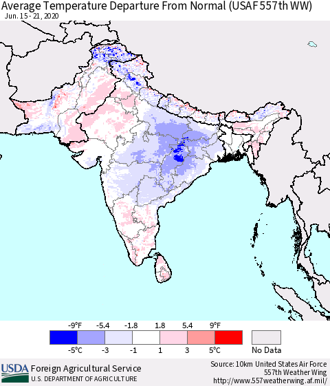 Southern Asia Average Temperature Departure from Normal (USAF 557th WW) Thematic Map For 6/15/2020 - 6/21/2020