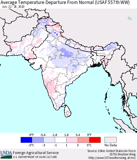 Southern Asia Average Temperature Departure From Normal (USAF 557th WW) Thematic Map For 6/22/2020 - 6/28/2020