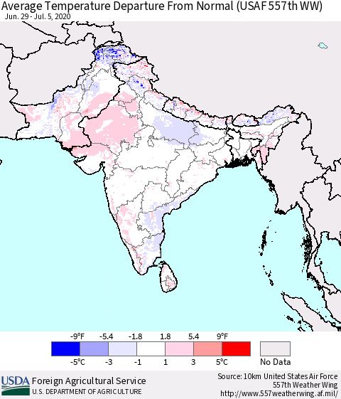 Southern Asia Average Temperature Departure from Normal (USAF 557th WW) Thematic Map For 6/29/2020 - 7/5/2020