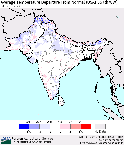 Southern Asia Average Temperature Departure From Normal (USAF 557th WW) Thematic Map For 7/6/2020 - 7/12/2020