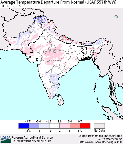 Southern Asia Average Temperature Departure from Normal (USAF 557th WW) Thematic Map For 7/13/2020 - 7/19/2020