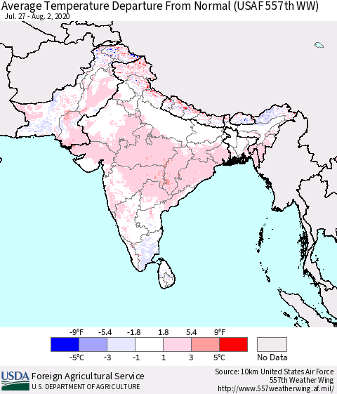 Southern Asia Average Temperature Departure from Normal (USAF 557th WW) Thematic Map For 7/27/2020 - 8/2/2020