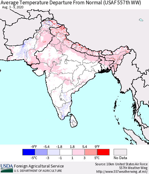 Southern Asia Average Temperature Departure From Normal (USAF 557th WW) Thematic Map For 8/3/2020 - 8/9/2020