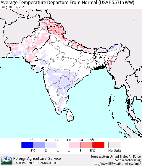 Southern Asia Average Temperature Departure From Normal (USAF 557th WW) Thematic Map For 8/10/2020 - 8/16/2020
