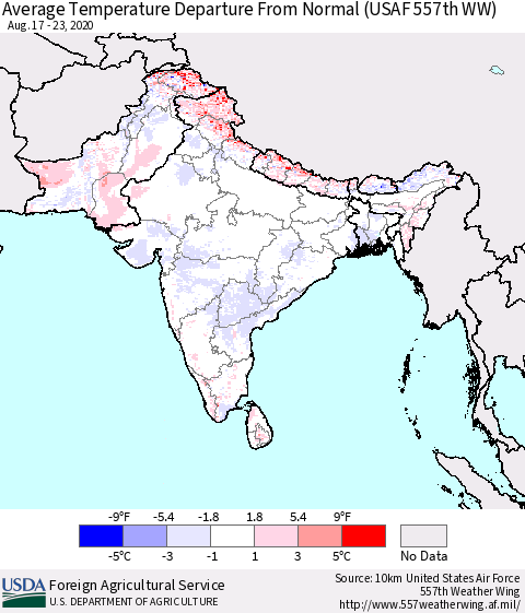 Southern Asia Average Temperature Departure from Normal (USAF 557th WW) Thematic Map For 8/17/2020 - 8/23/2020