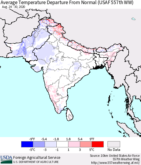 Southern Asia Average Temperature Departure from Normal (USAF 557th WW) Thematic Map For 8/24/2020 - 8/30/2020