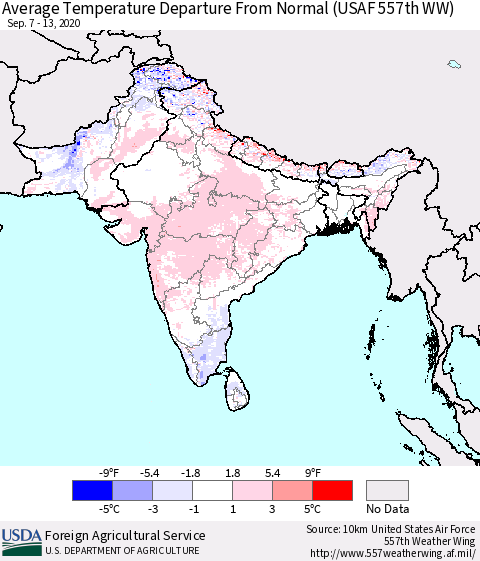 Southern Asia Average Temperature Departure from Normal (USAF 557th WW) Thematic Map For 9/7/2020 - 9/13/2020