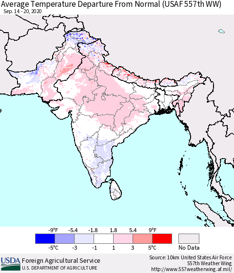 Southern Asia Average Temperature Departure from Normal (USAF 557th WW) Thematic Map For 9/14/2020 - 9/20/2020