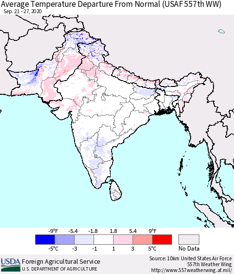 Southern Asia Average Temperature Departure from Normal (USAF 557th WW) Thematic Map For 9/21/2020 - 9/27/2020