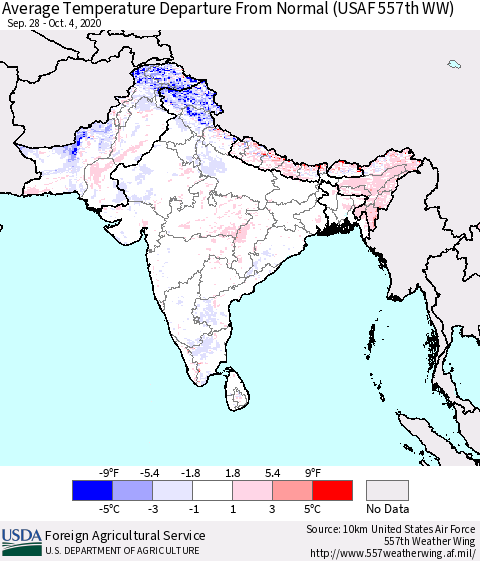 Southern Asia Average Temperature Departure From Normal (USAF 557th WW) Thematic Map For 9/28/2020 - 10/4/2020