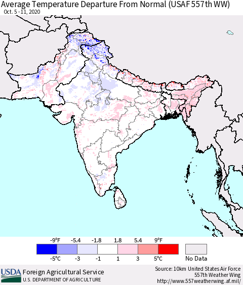 Southern Asia Average Temperature Departure from Normal (USAF 557th WW) Thematic Map For 10/5/2020 - 10/11/2020