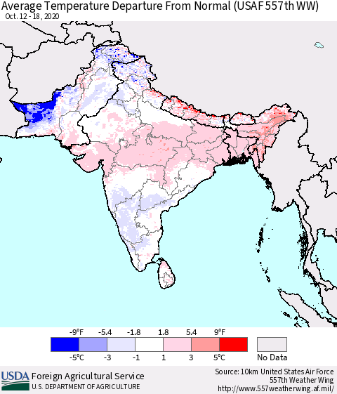 Southern Asia Average Temperature Departure from Normal (USAF 557th WW) Thematic Map For 10/12/2020 - 10/18/2020