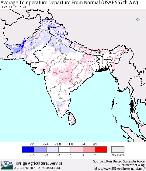 Southern Asia Average Temperature Departure From Normal (USAF 557th WW) Thematic Map For 10/19/2020 - 10/25/2020