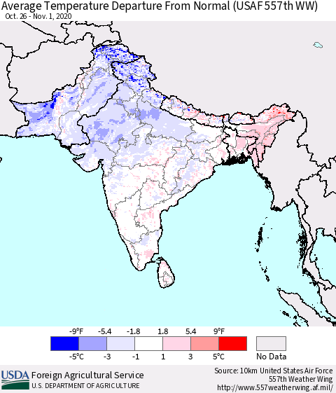Southern Asia Average Temperature Departure From Normal (USAF 557th WW) Thematic Map For 10/26/2020 - 11/1/2020