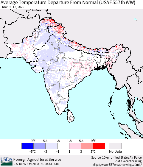 Southern Asia Average Temperature Departure from Normal (USAF 557th WW) Thematic Map For 11/9/2020 - 11/15/2020