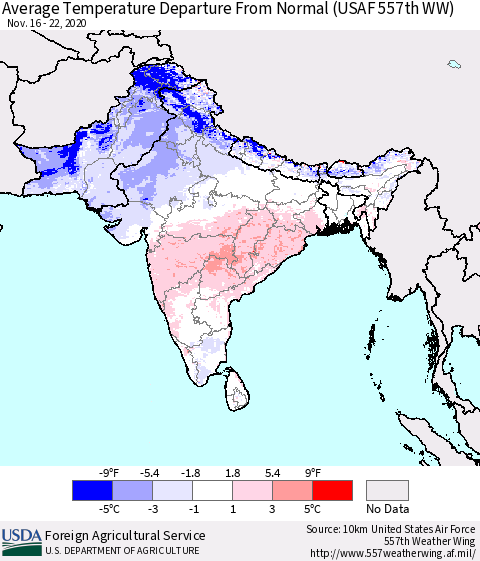 Southern Asia Average Temperature Departure from Normal (USAF 557th WW) Thematic Map For 11/16/2020 - 11/22/2020