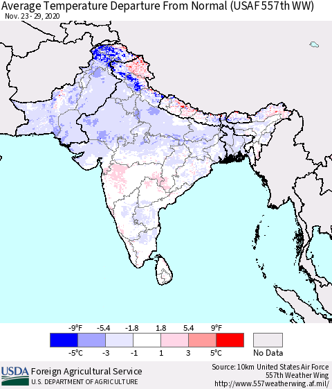 Southern Asia Average Temperature Departure from Normal (USAF 557th WW) Thematic Map For 11/23/2020 - 11/29/2020