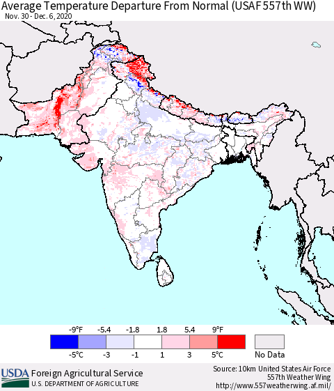 Southern Asia Average Temperature Departure from Normal (USAF 557th WW) Thematic Map For 11/30/2020 - 12/6/2020