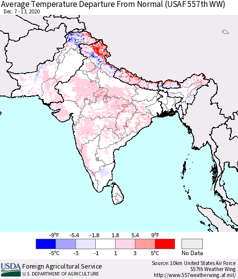 Southern Asia Average Temperature Departure from Normal (USAF 557th WW) Thematic Map For 12/7/2020 - 12/13/2020