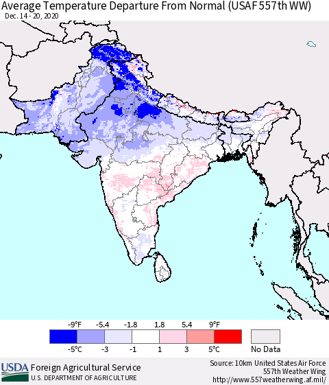 Southern Asia Average Temperature Departure from Normal (USAF 557th WW) Thematic Map For 12/14/2020 - 12/20/2020