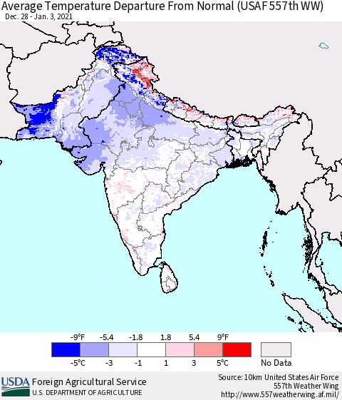 Southern Asia Average Temperature Departure from Normal (USAF 557th WW) Thematic Map For 12/28/2020 - 1/3/2021