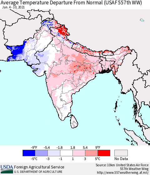 Southern Asia Average Temperature Departure from Normal (USAF 557th WW) Thematic Map For 1/4/2021 - 1/10/2021