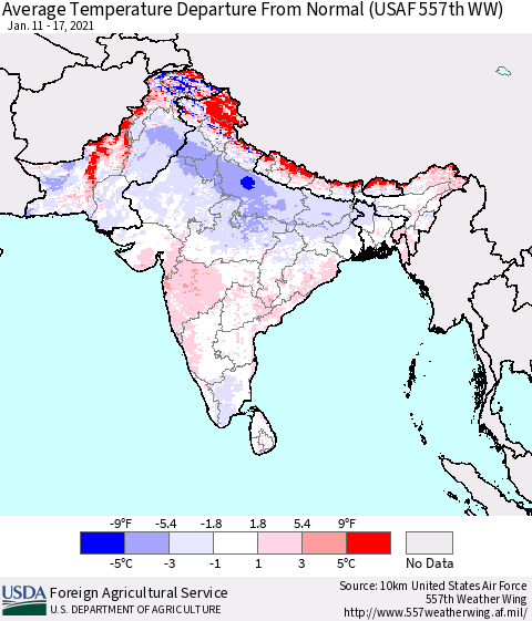 Southern Asia Average Temperature Departure from Normal (USAF 557th WW) Thematic Map For 1/11/2021 - 1/17/2021