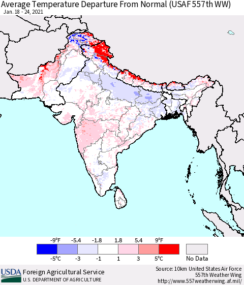 Southern Asia Average Temperature Departure from Normal (USAF 557th WW) Thematic Map For 1/18/2021 - 1/24/2021
