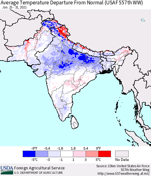 Southern Asia Average Temperature Departure from Normal (USAF 557th WW) Thematic Map For 1/25/2021 - 1/31/2021