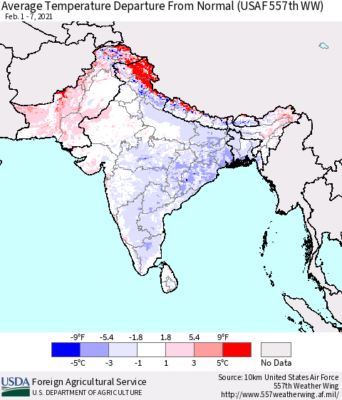 Southern Asia Average Temperature Departure from Normal (USAF 557th WW) Thematic Map For 2/1/2021 - 2/7/2021