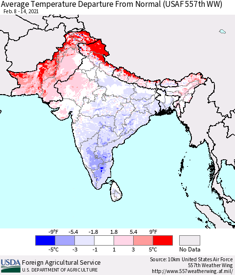 Southern Asia Average Temperature Departure from Normal (USAF 557th WW) Thematic Map For 2/8/2021 - 2/14/2021