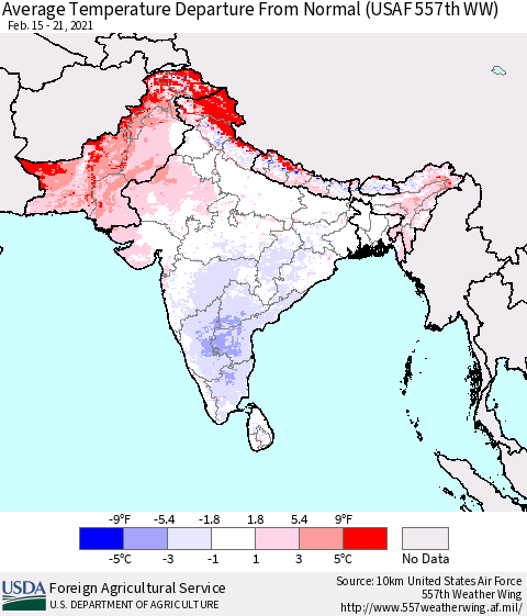 Southern Asia Average Temperature Departure from Normal (USAF 557th WW) Thematic Map For 2/15/2021 - 2/21/2021