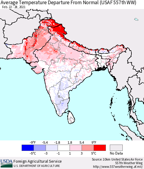 Southern Asia Average Temperature Departure from Normal (USAF 557th WW) Thematic Map For 2/22/2021 - 2/28/2021