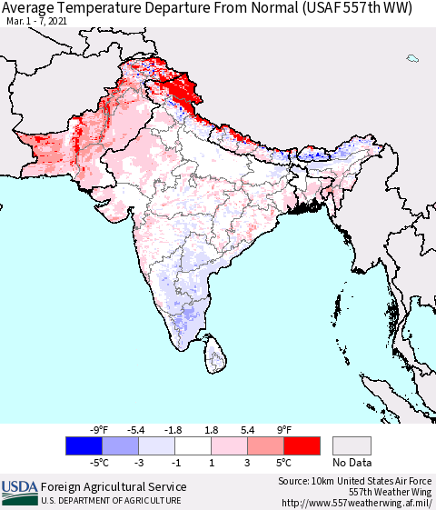 Southern Asia Average Temperature Departure from Normal (USAF 557th WW) Thematic Map For 3/1/2021 - 3/7/2021