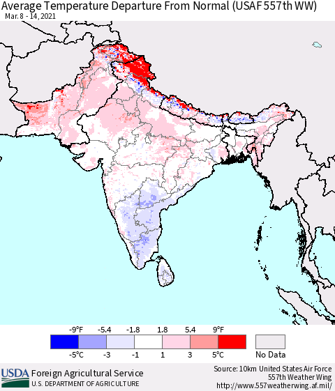 Southern Asia Average Temperature Departure from Normal (USAF 557th WW) Thematic Map For 3/8/2021 - 3/14/2021