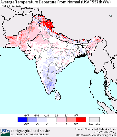 Southern Asia Average Temperature Departure from Normal (USAF 557th WW) Thematic Map For 3/15/2021 - 3/21/2021