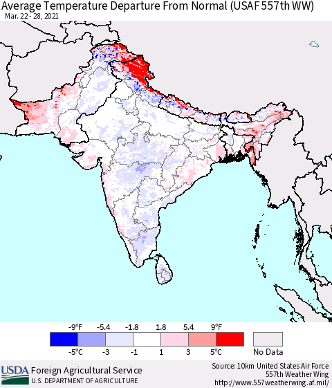 Southern Asia Average Temperature Departure from Normal (USAF 557th WW) Thematic Map For 3/22/2021 - 3/28/2021