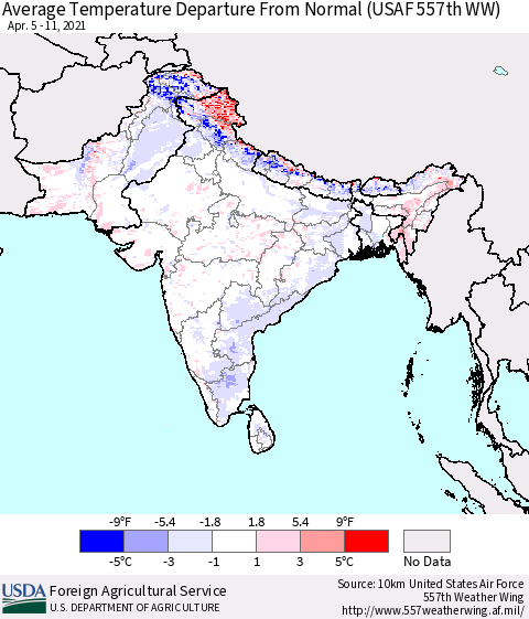Southern Asia Average Temperature Departure from Normal (USAF 557th WW) Thematic Map For 4/5/2021 - 4/11/2021